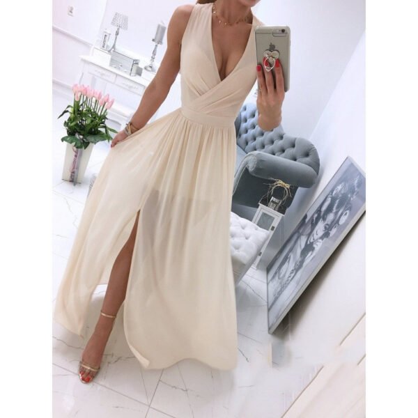 Women's Summer Sleeveless And Ankle Skirt Solid Color V-neck Front Split Long Dress - Image 3