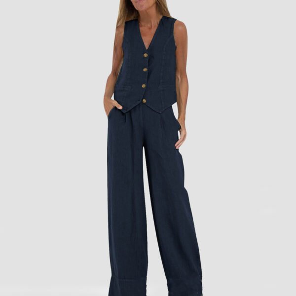 Summer Vest Suits V-neck Botton Sleeveless Top And Loose Straight Trousers Casual Womens Clothing - Image 2