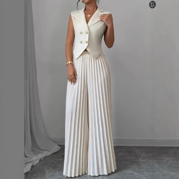 Summer Sleeveless Suit Fashion Lapel Button Vest Top And Pleated Straight Pants Women's Trousers Set Clothing - Image 6