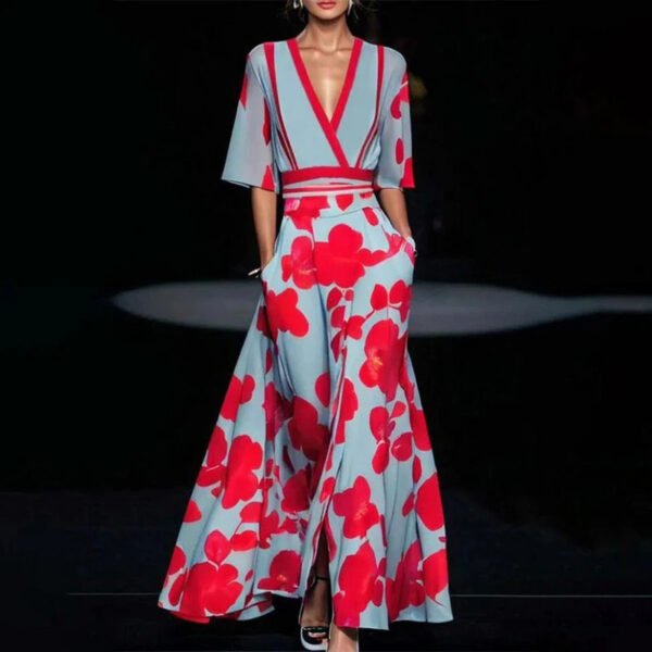 Summer V-neck Split Short-sleeved Dress Fashion Flower Print A-line Long Dresses Party Club Beach Clothing For Women - Image 4