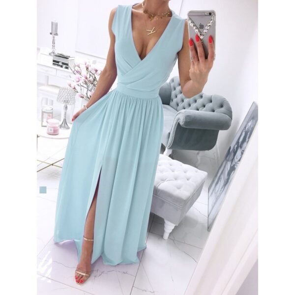 Women's Summer Sleeveless And Ankle Skirt Solid Color V-neck Front Split Long Dress - Image 2