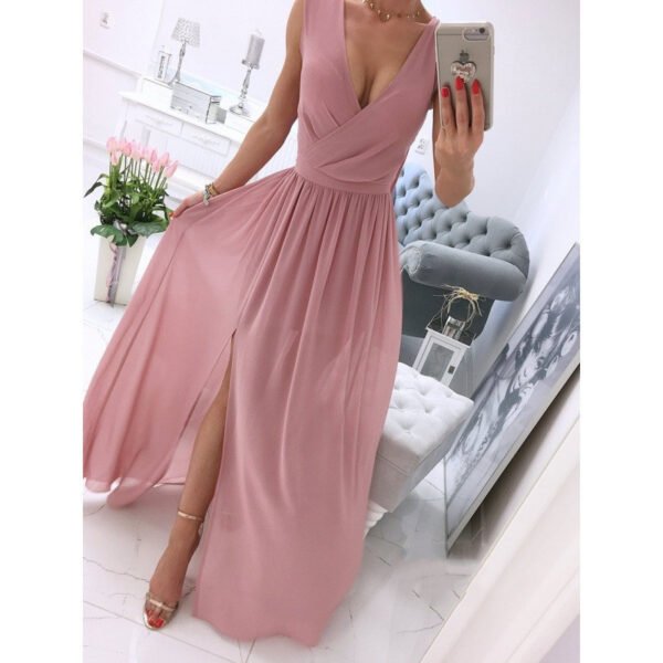 Women's Summer Sleeveless And Ankle Skirt Solid Color V-neck Front Split Long Dress - Image 6