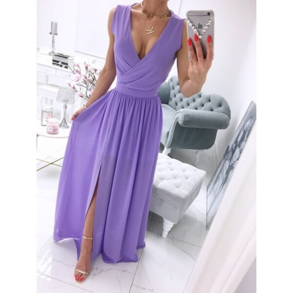 Women's Summer Sleeveless And Ankle Skirt Solid Color V-neck Front Split Long Dress - Image 4